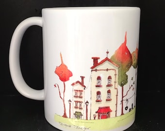 Mug With Watercolor Artwork, Pointy Tree Cityscape Art on Mug, Coffee Mug with Pen and Wash Street Artwork