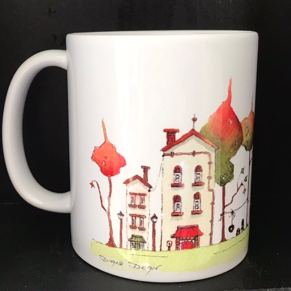 Mug With Watercolor Artwork, Pointy Tree Cityscape Art on Mug, Coffee Mug with Pen and Wash Street Artwork