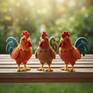 May include: Three handmade crochet rooster figurines. The roosters are in shades of orange, brown, and yellow, with red combs and waddles, and blue-green tail feathers. They stand on a wooden surface against a blurred green background.