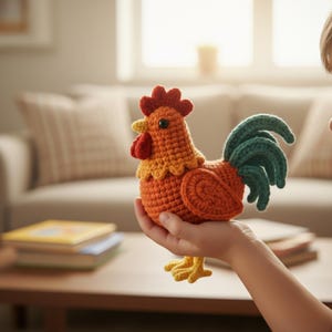 May include: A handmade crochet rooster in shades of orange, yellow, red, and green. The rooster has a detailed comb, wattle, and tail feathers. The craft item is held in a person's hand, showcasing the rooster's size and design.