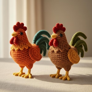May include: Two handmade crochet rooster figurines. One is orange with a red comb and yellow beak and feet. The other is brown with a red comb, yellow beak and feet. Both have green and yellow tail feathers.