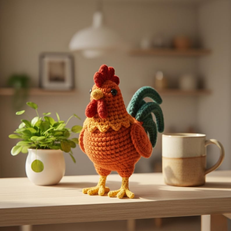 May include: A handmade crochet rooster figurine in shades of orange, red, yellow, and teal. The rooster has a detailed comb, wattle, and tail feathers. It stands on a light-colored wooden table next to a small potted plant and a mug.