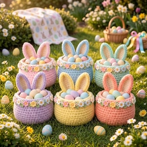Puede incluir: Seis coloridas cestas de Pascua de ganchillo con forma de conejito, llenas de huevos de colores pastel, sobre hierba verde. Cada cesta tiene orejas de conejo y está decorada con adornos florales. Una cesta y un paño estampado en el fondo.