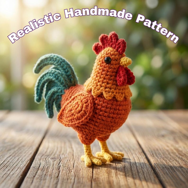 May include: A handmade crochet rooster in shades of orange, red, yellow, and teal. The rooster has a detailed design, including a comb, wattle, and tail feathers. The text "Realistic Handmade Pattern" is arched above the rooster.