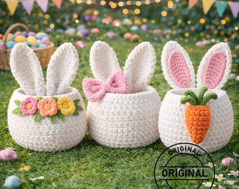 3 in 1 Bunny Basket Crochet Pattern PDF, Easter Bunny Basket Amigurumi, Rabbit Egg Holder Basket, Crochet Storage Basket, Eng German Spanish