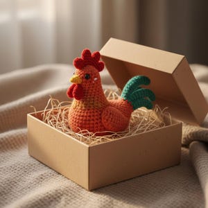 May include: A handmade crochet rooster in a cardboard box. The rooster is orange with a red comb and wattle, a yellow beak, and a green and orange tail. The box is open and filled with straw.