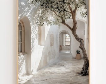 Olive Tree Print - Mediterranean Courtyard, Greek Island Wall Art (Digital Download)