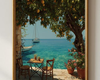 Mediterranean Seaside Terrace Print – Lemon Tree, Summer Coastal Wall Art (Digital Download)