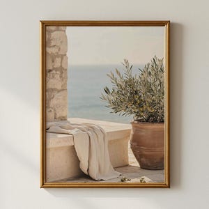 May include: A framed wall art print featuring a coastal scene with a terracotta pot containing an olive tree, a light-colored stone ledge draped with a white fabric, and a view of the sea in the background, all enclosed in a gold frame.