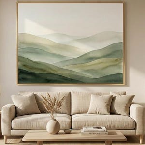 Watercolor Mountain Print, Panoramic Green Hills, Minimalist Landscape Wall Art (Digital Download)