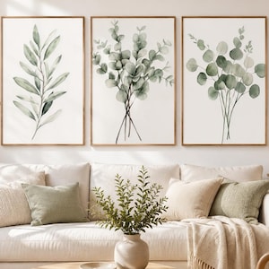 3er Set Botanische Aquarell Drucke, Eukalyptusblatt Poster (Digitaler Download)