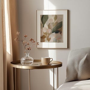 Hand-painted abstract botanical wall art for office — calming layered leaves and soft blooms in sage and blush tones.
