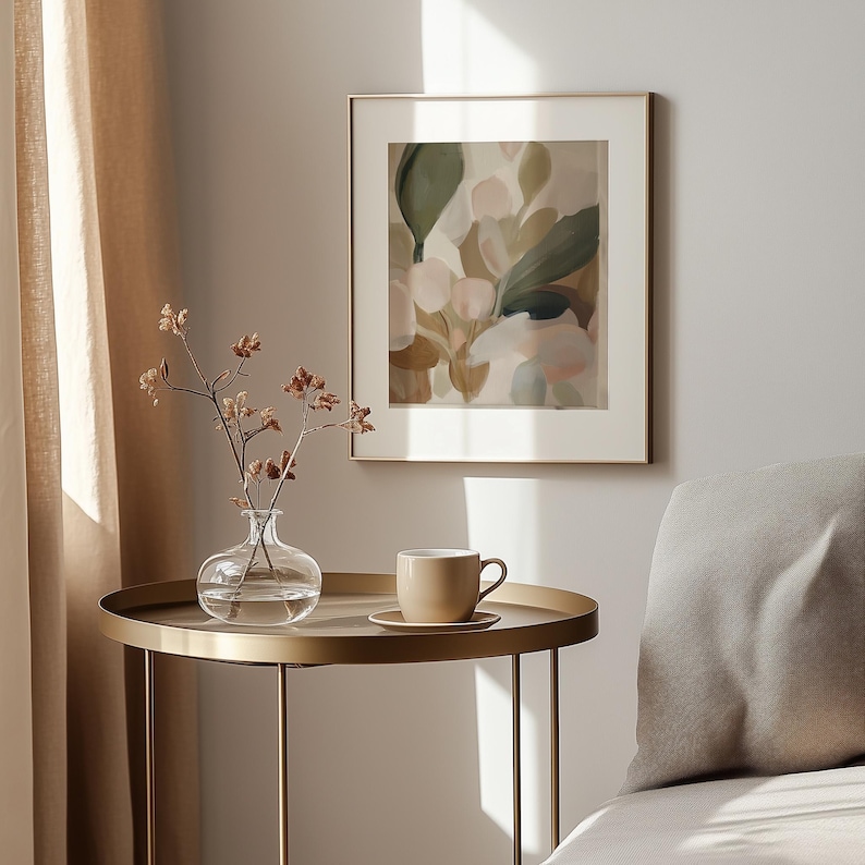 Hand-painted abstract botanical wall art for office — calming layered leaves and soft blooms in sage and blush tones.