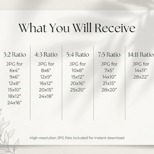 May include: A white background with the text "What You Will Receive" at the top. Below, the image lists various aspect ratios (3:2, 4:3, 5:4, 7:5, 14:11) and corresponding JPG sizes in inches, such as 6x4, 8x6, and 10x8. The text "High-resolution JPG files included for instant download" is at the bottom.