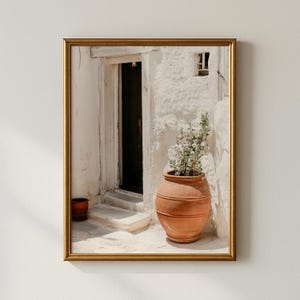 Puede incluir: Impresión enmarcada que muestra una escena exterior soleada. Una gran maceta de terracota con vegetación se encuentra cerca de una pared de estuco blanco y una puerta de madera oscura. Se ve una maceta más pequeña. El marco es dorado.
