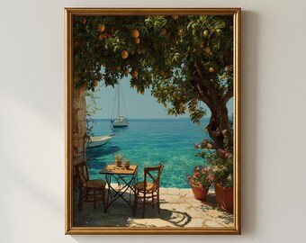 Mediterranean Seaside Terrace Print – Lemon Tree, Summer Coastal Wall Art (Digital Download)