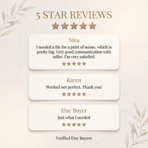 May include: A graphic displaying Etsy customer reviews. The text reads "5 STAR REVIEWS" above three customer testimonials. Each review includes a 5-star rating and a short quote from the buyer. The bottom of the graphic says "Verified Etsy Buyers."