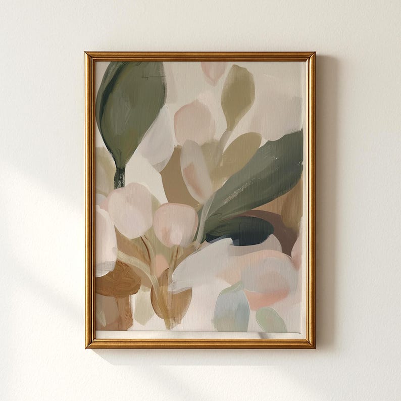Oversized leaves poster for nursery — modern minimal watercolor art featuring gentle, muted florals in earthy colors.
