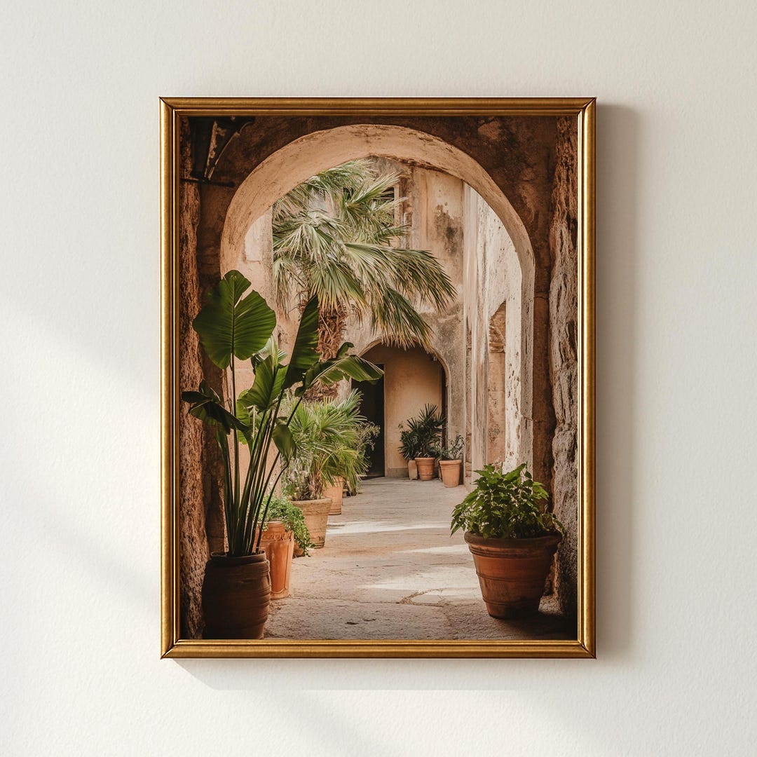 Mediterranean Arch Courtyard Print, Tropical Boho Wall Art (instant ...