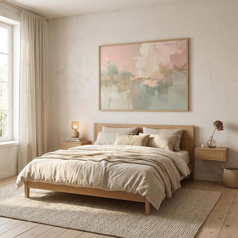 May include: A bedroom scene featuring a wooden bed frame with beige bedding, pillows, and a blanket. A large abstract painting in shades of pink, green, and beige hangs above the bed. The room includes a bedside table, a lamp, and a woven rug.