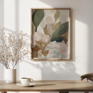 Hand-painted nature picture for living space — tranquil layered botanicals in shades of sage and beige for calming home decor.