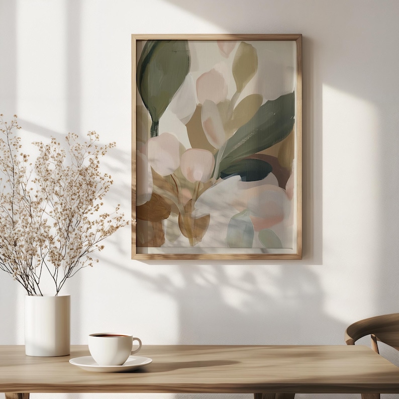 Hand-painted nature picture for living space — tranquil layered botanicals in shades of sage and beige for calming home decor.