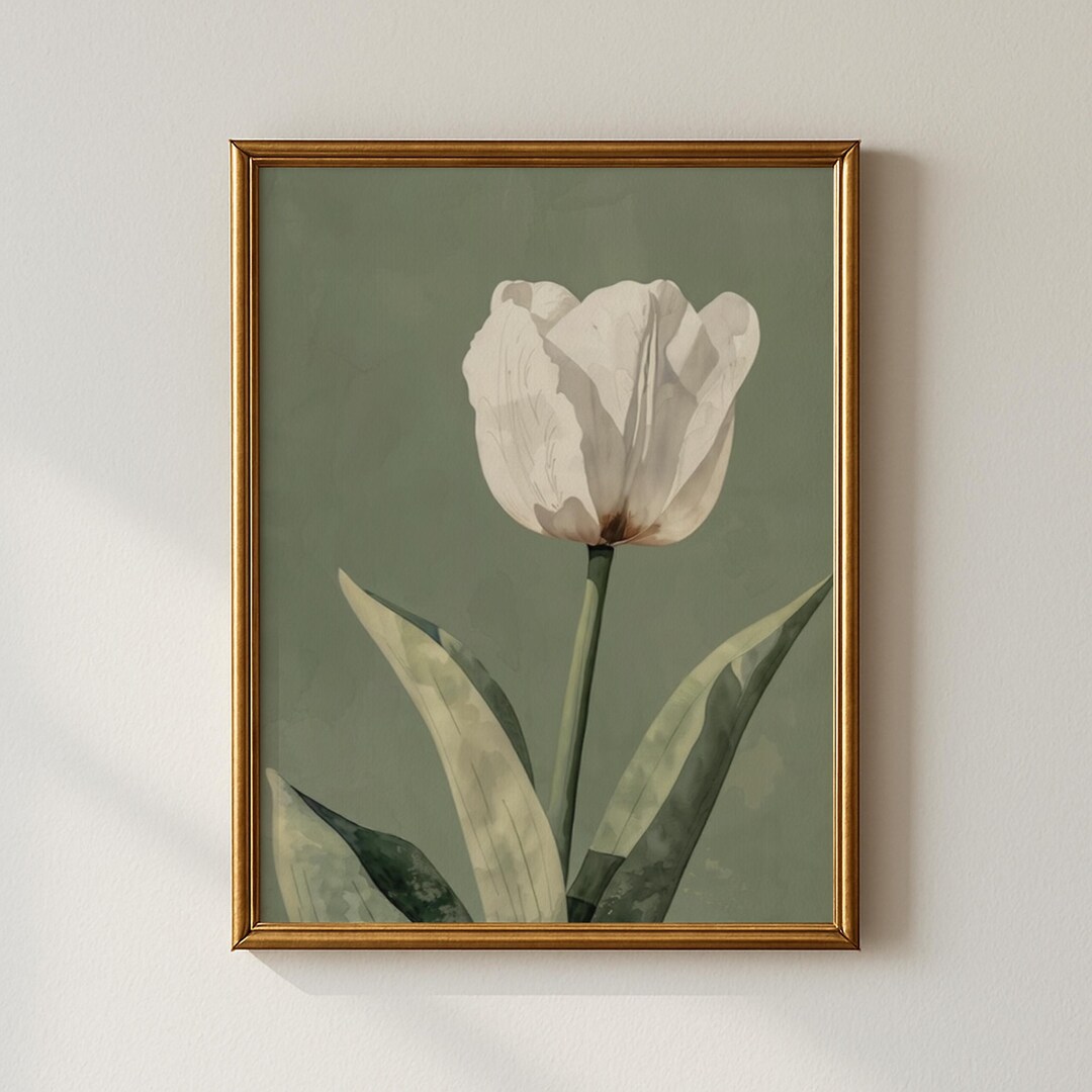 White Tulip Botanical Print - Sage Green Minimalist Wall Art (digital ...