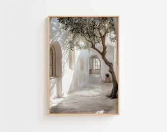 Olive Tree Print - Mediterranean Courtyard, Greek Island Wall Art (Digital Download)