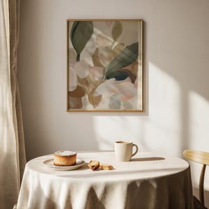 Abstract botanical painting for dining room — organic design with layered greens and warm beiges, ideal for cottagecore aesthetics.