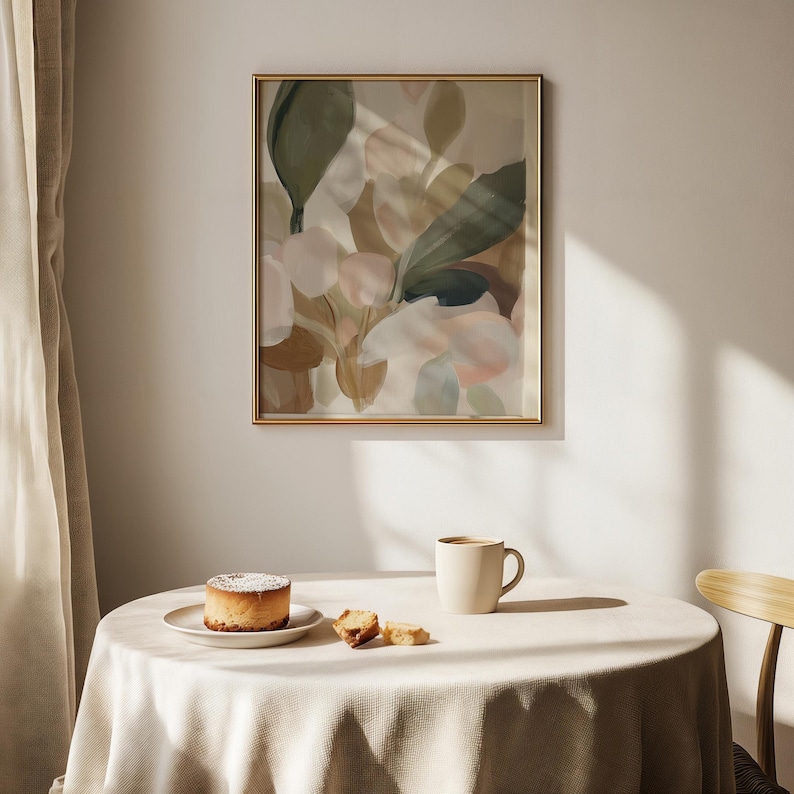 Abstract botanical painting for dining room — organic design with layered greens and warm beiges, ideal for cottagecore aesthetics.