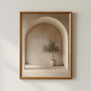 May include: A framed art print featuring a small potted tree inside an arched alcove. The artwork has a neutral color palette with a gold frame. The tree is centered in the alcove, creating a minimalist and serene aesthetic.