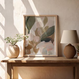 Gentle floral poster for bedroom — dreamy abstract art showcasing soft blossoms and translucent leaf forms in soothing colors.