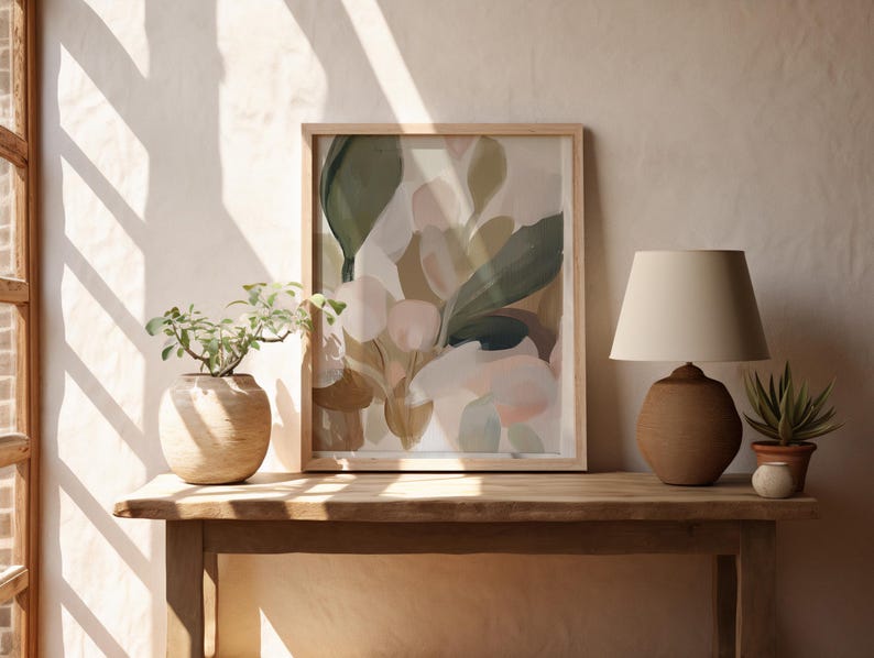 Gentle floral poster for bedroom — dreamy abstract art showcasing soft blossoms and translucent leaf forms in soothing colors.