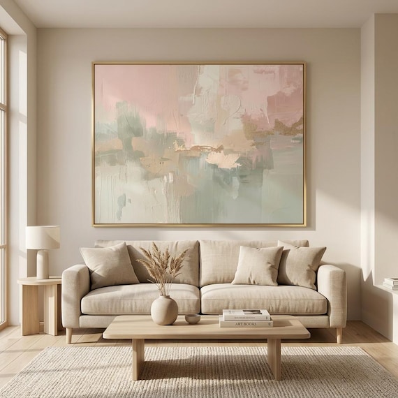 Large Abstract Wall Art, Neutral Pastel Pink Green Beige Painting (Digital Download)