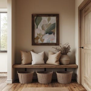 Organic wall art for home office — modern minimalist composition with overlapping flora in warm hues and a tranquil vibe.