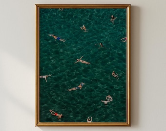 May include: A framed print featuring an aerial view of people swimming in clear, turquoise water. The swimmers are scattered throughout the water, some wearing swimsuits. The frame is gold.