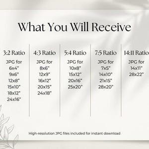 May include: A white graphic with the text "What You Will Receive" and size ratios for JPG files, including 6x4 inches, 8x6 inches, 10x8 inches, 7x5 inches, and 14x11 inches. The image also states "High-resolution JPG files included for instant download."