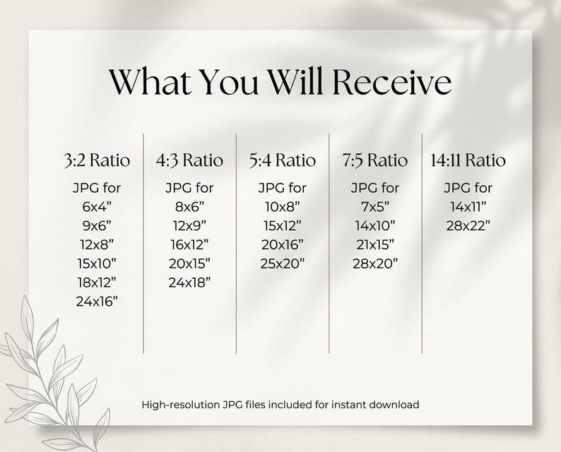 May include: A white graphic with the text "What You Will Receive" and size ratios for JPG files, including 6x4 inches, 8x6 inches, 10x8 inches, 7x5 inches, and 14x11 inches. The image also states "High-resolution JPG files included for instant download."