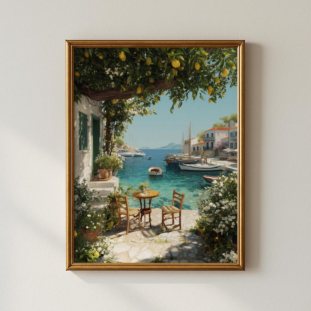 Mediterranean Coastal Scene Printable Wall Art, Sunlit Greek Terrace ...
