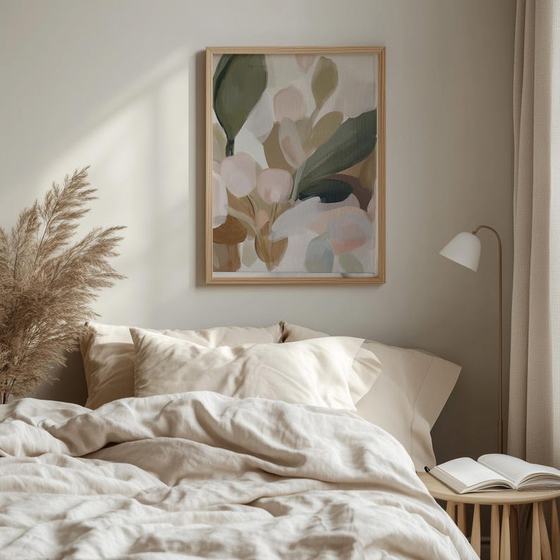 Watercolor botanical digital art for gallery wall — serene, layered design featuring blush and olive leaves for a calming ambiance.