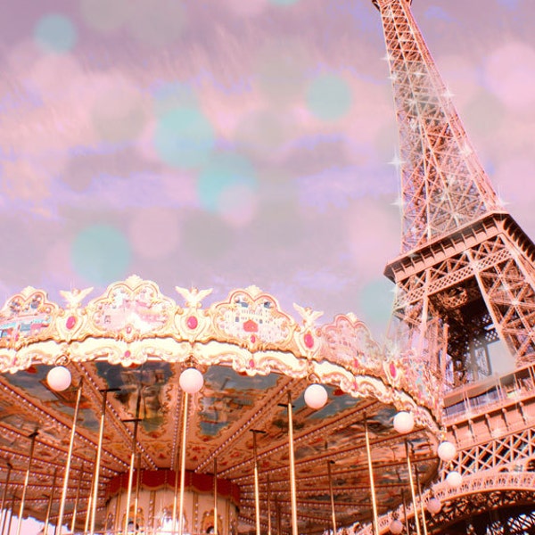 Paris Print Pink Photography, Eiffel Tower Print, Paris Nursery Decor, Paris Carousel, Pink Carousel Nursery Wall Art, Pink Paris Print