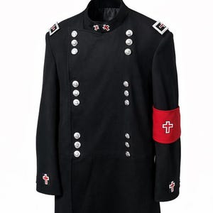 May include: Black military-style coat with silver buttons, red cross accents, and a matching hat with a cross emblem. The coat has a double-breasted design and a red armband. The text on the image says "AVAILABLE As Individual Or Full Set | Custom Size Available".