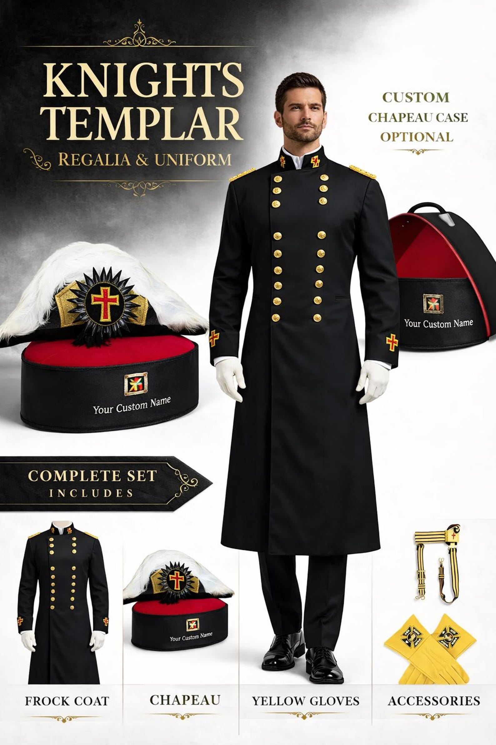 Knights Templar Black Full Dress Uniform Set – Masonic KT Frock Coat ...