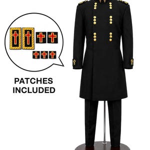 May include: A black military-style uniform featuring a long coat with gold buttons, a high collar, and shoulder epaulets. The set includes several rectangular black patches with red cross emblems and gold borders, labeled as PATCHES INCLUDED.