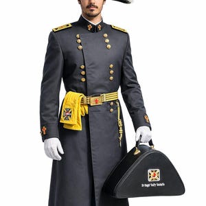 Knights Templar Black Full Dress Uniform Set – Masonic KT Frock Coat, Chapeau, Belt & Gloves