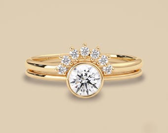 Förlovningsringar med rund bezel i moissanit, 14K massivt guld, minimalistisk solitaire-ring för brudpar, matchande vigselring