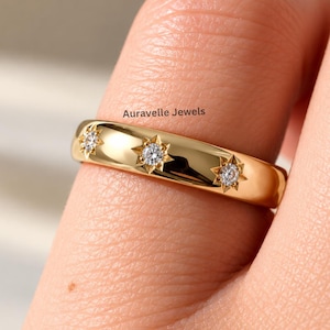 Star Set Moissanite Dome Ring: 14K Solid Gold 3.5mm Celestial Gypsy Starburst Trilogy Minimalist Unisex Stacking Wedding Band