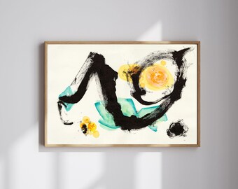 Minimalist Abstract Floral Wall Art, Yellow Flower Ink Painting, Modern Zen Artwork, Spring Home Decor, Calm Contemporary Print, Flower art
