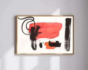 Red Black Ink Abstract Print – Bold Brushstroke Expressive Wall Art