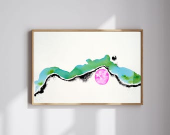 Japandi Wall Art Print | Green Pink Abstract Landscape, Zen Ink Painting, Housewarming Gift, Modern Living Room Decor